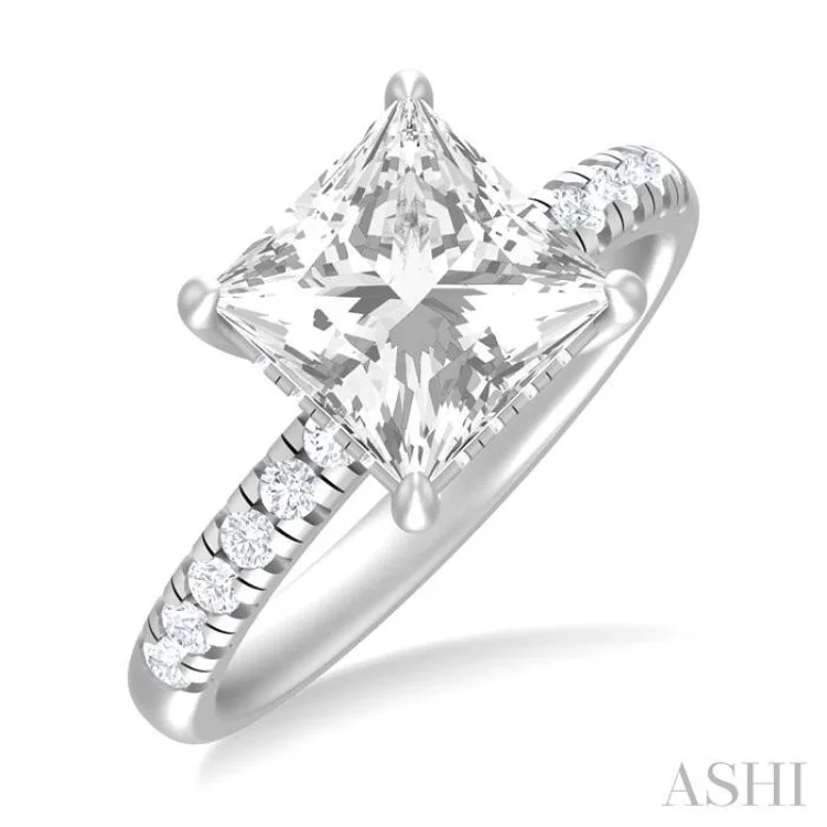 Custom Promise Rings for Women-1/3 ctw Princess Shape Round Cut Diamond Semi Mount Engagement Ring in 14K White Gold