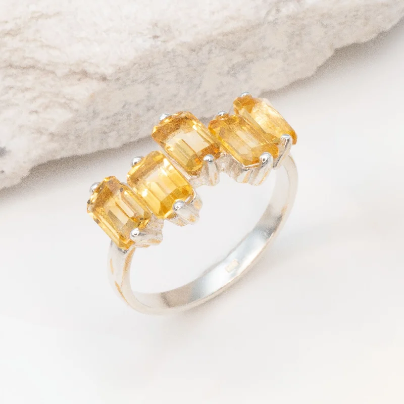 Women’s Fashion Rings-Citrine Baguette Ring - Natural Citrine Ring, Gold Citrine Ring