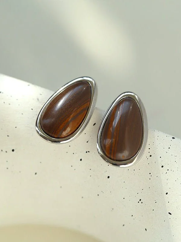 Square Earrings-Minimalist 925 Silver Wood Grain Stone Earrings