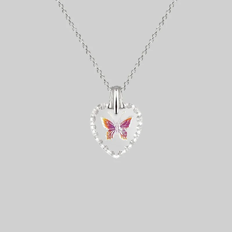 Crystal Choker Necklaces-NEW DAWN. Butterfly Engraved Glass Heart Necklace - Silver