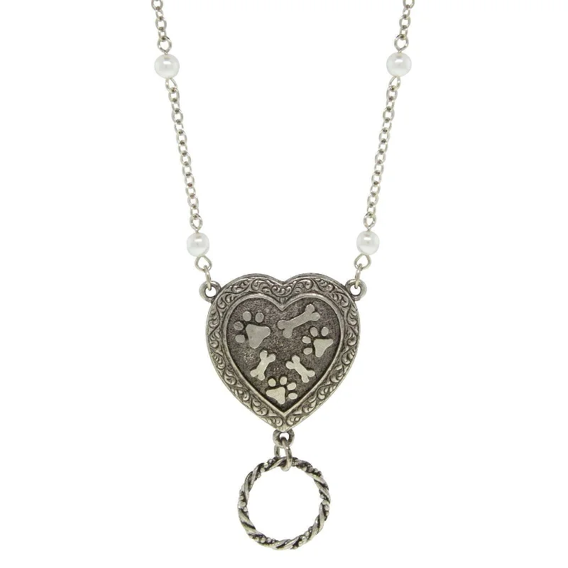 Family Necklaces-1928 Jewelry Pewter Faux Pearl Heart Paws And Bones Eye Glass Holder Pendant Necklace 28"