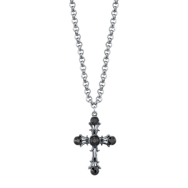 Sterling Silver Necklaces-1928 Jewelry Black Stone Cross Pendant Necklace 16" + 3" Extender