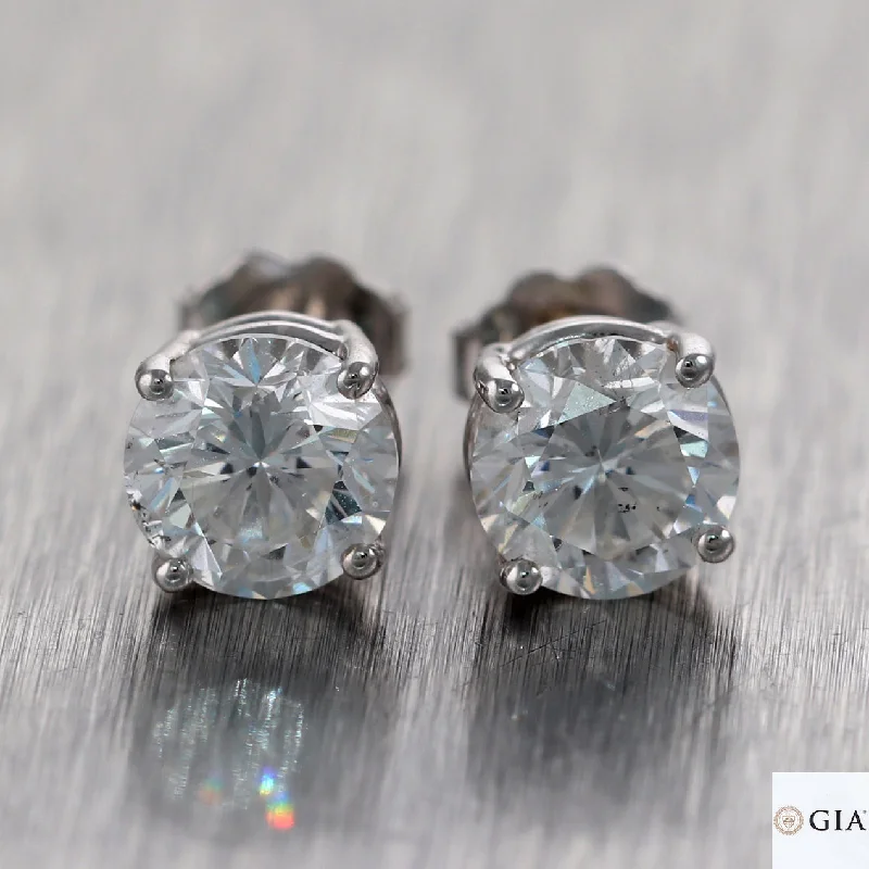 Star Shaped Earrings-GIA 2.95ct Round Brilliant E I1 Diamond 14k White Gold Stud Earrings