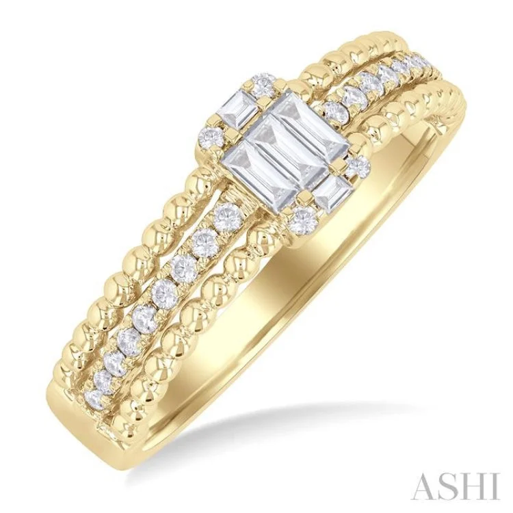 Customizable Engagement Ring Sets-1/3 ctw Split Beaded Three Row Fusion Baguette and Round Cut Diamond Fashion Band in 14K Yellow Gold