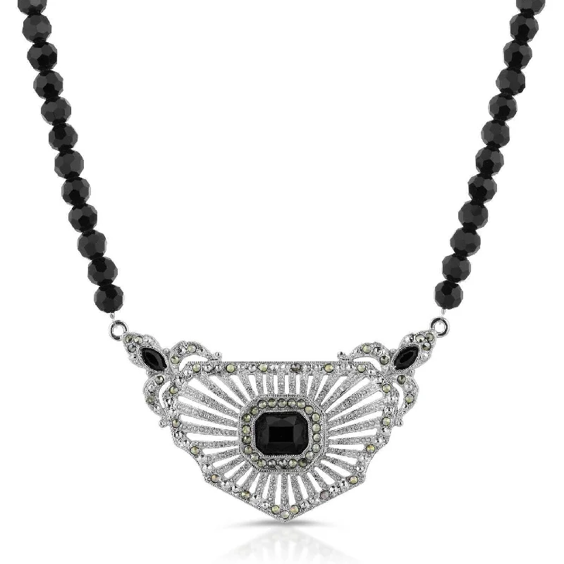 Chakra Necklaces-Antiquities Couture Marcasite & Black Stone Collar Beaded Necklace 16" + 3" Extender