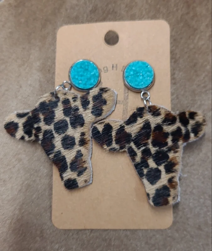 Elegant Crystal Hoop Earrings-Cheetah Print Hair Cow Head on Leather Eattings