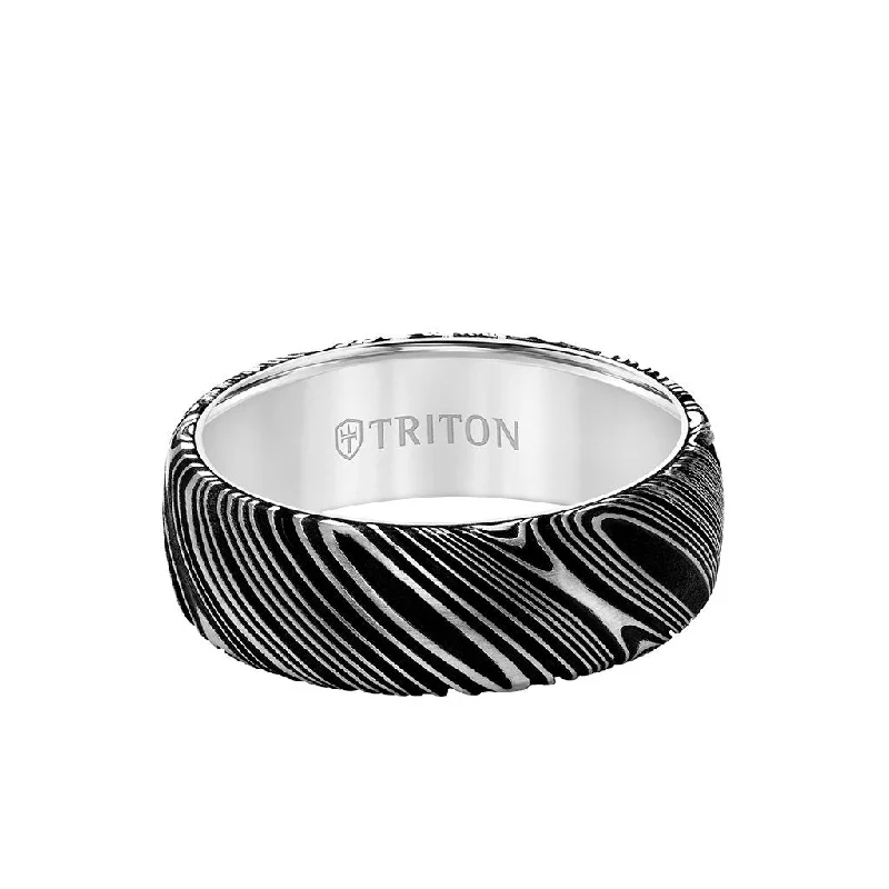 Modern Wedding Bands for Men-8MM White Tungsten Carbide Ring with Damascus Steel