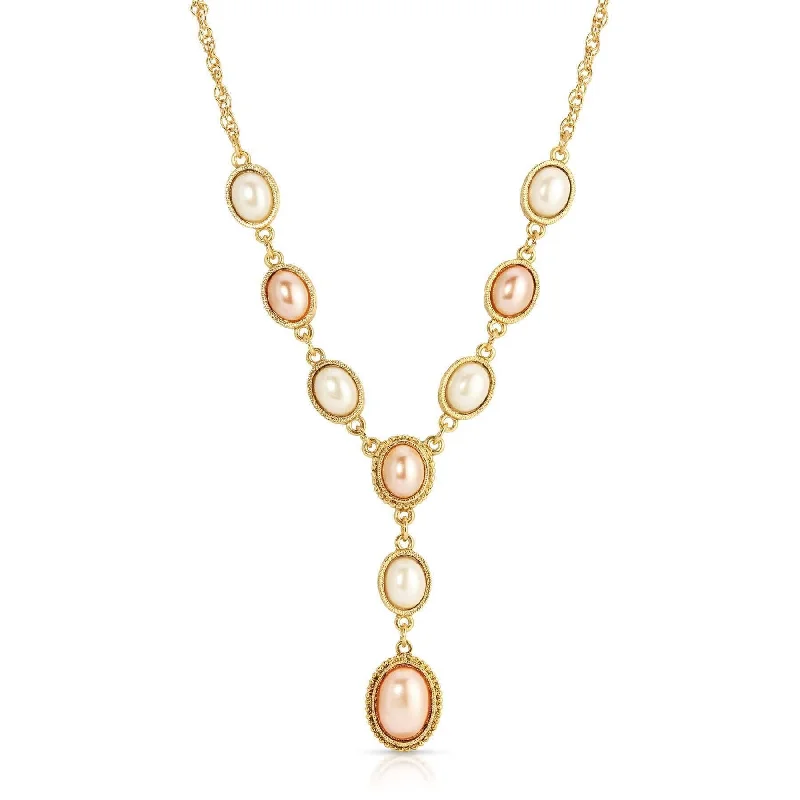 Fathers Day Necklaces-1928 Jewelry Rosabella Oval Raspberry & White Faux Pearl Y- Necklace 16" + 3" Extender