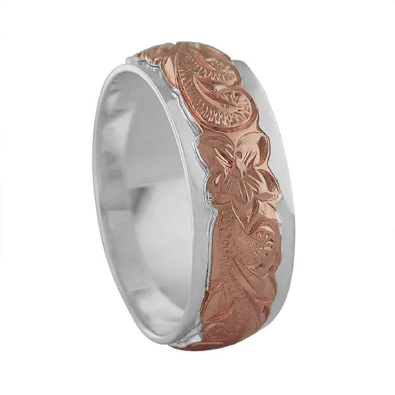 Designer Engagement Rings with Diamonds-Sterling Silver 14kt Rose Gold Plated Raised Hawaiian Band Ring