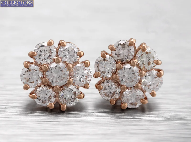 Oval Drop Earrings-Lovely Ladies Estate 14K Rose Gold 2.41ctw Diamond Cluster Stud Earrings