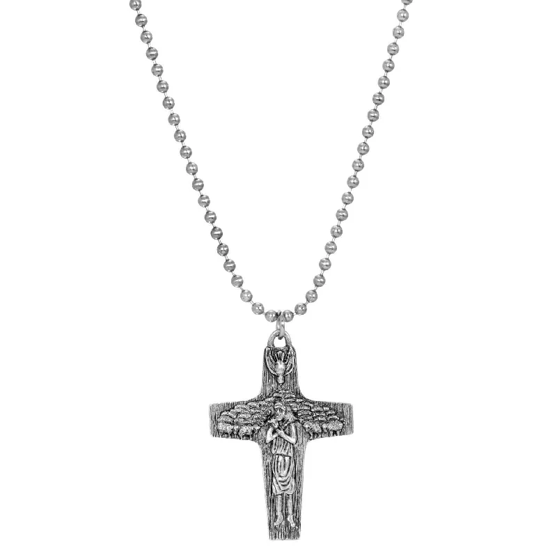 Custom Logo Necklaces-Symbols of Faith Shepherd with Flock of Sheep Pewter Cross Pendant Necklace 22"