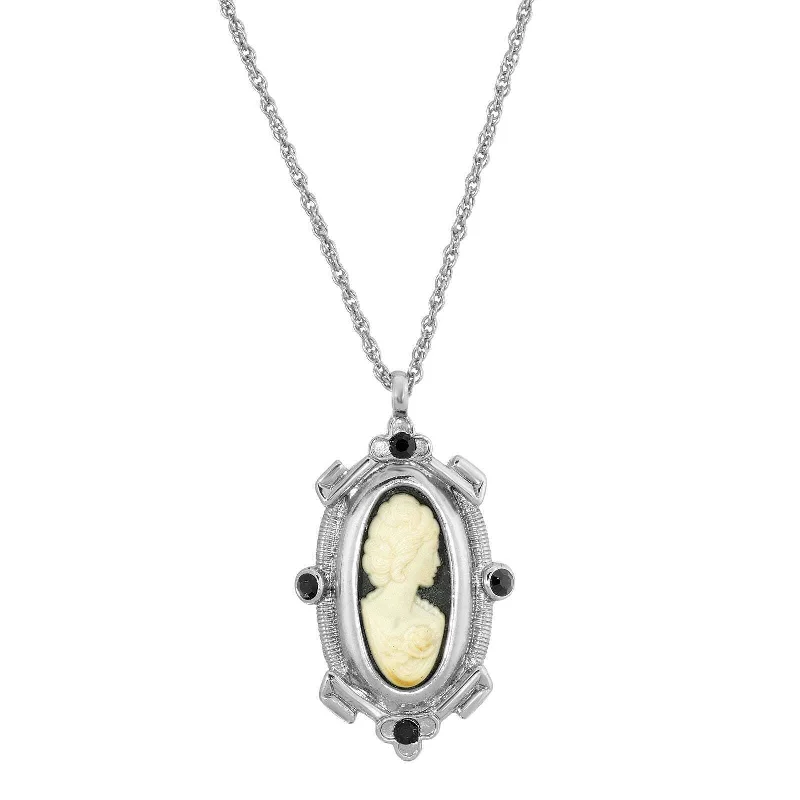 Amethyst Necklaces-1928 Jewelry Oval Matte Black & Ivory Cameo Crystal Pendant Necklace 18"