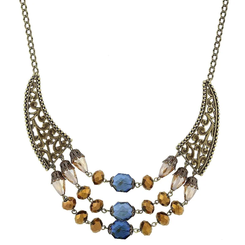 Trendy Pendant Necklaces-2028 Jewelry Burnished Brass Bronze Blue Light Topaz Bib Necklace 16" + 3" Extender