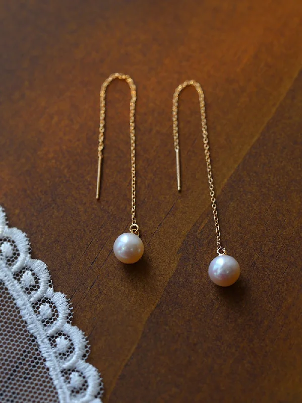 Gold Plated Drop Earrings-Long Pearl Threader Drop Earrings