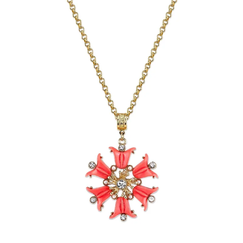 Modern Necklaces-2028 Jewelry Coral Orange, Crystal And Faux Pearl Flower Pendant 30"  Necklace