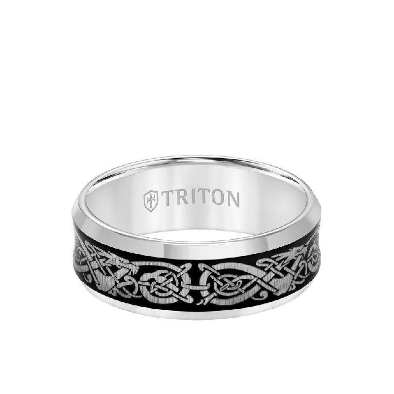 Retro Engagement Rings-8MM Tungsten Carbide Ring - Laser Cut Concave Center and Bevel Edge