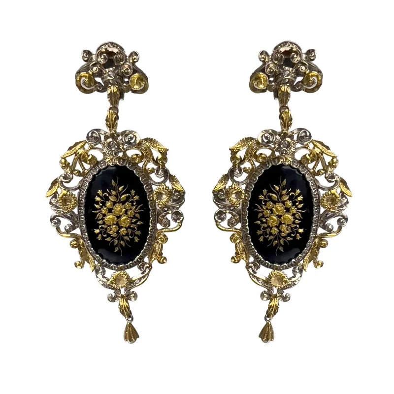 Multi-Stone Earrings-Antique 18k Yellow Gold Painted Black Enamel & Pearl Earrings 36.5g