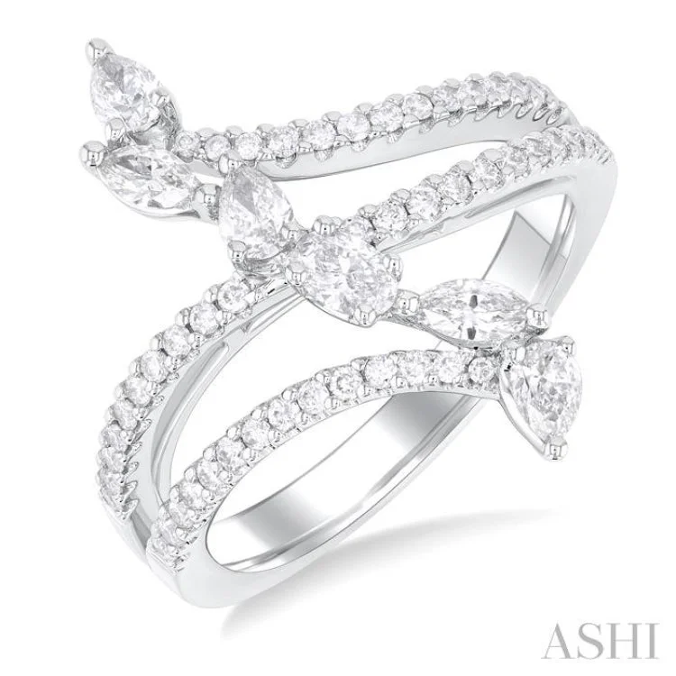 Designer Promise Rings-3/4 ctw Three-Way Split Shank Mixed Diamond Cut Fashion Ring in 14K White Gold