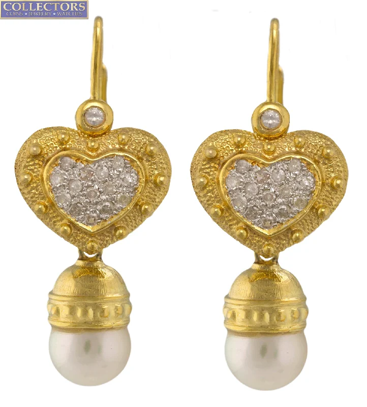 Gemstone Dangle Earrings-Ladies 14K 585 Yellow Gold 0.62ctw Diamond Heart Pearl Drop Dangle Earrings