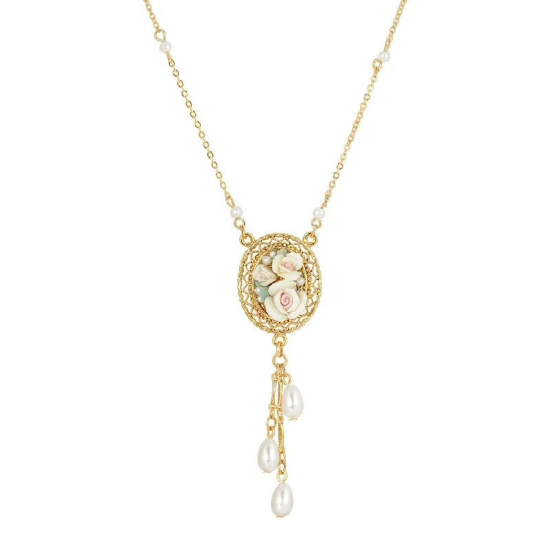 Travel Necklaces-1928 Jewelry Ivory Porcelain Roses Oval Filigree Pendant Faux Pearl Drop Necklace 16" + 3" Extender