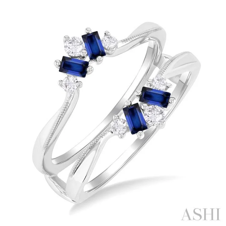 Classic Promise Rings-3x1.75 MM Baguette Cut Sapphire and 1/6 ctw Round Cut Diamond Precious Insert Ring in 14K White Gold