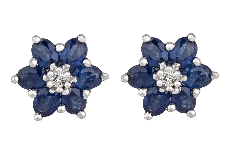 Classic Hoop Drop Earrings-Women's EFFY 14K White Gold 0.06ctw Diamond & Blue Sapphire Flower Stud Earrings