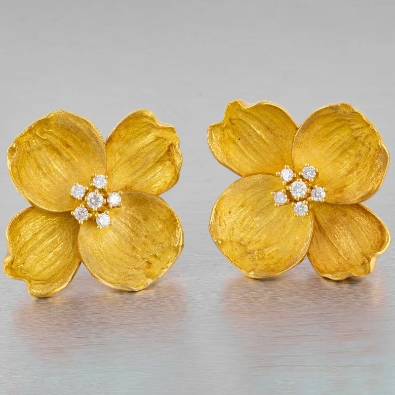 Modern Gold Drop Earrings-Tiffany & Co. 18k Yellow Gold Diamond Dogwood Flower Earrings 0.70ctw JUMBO