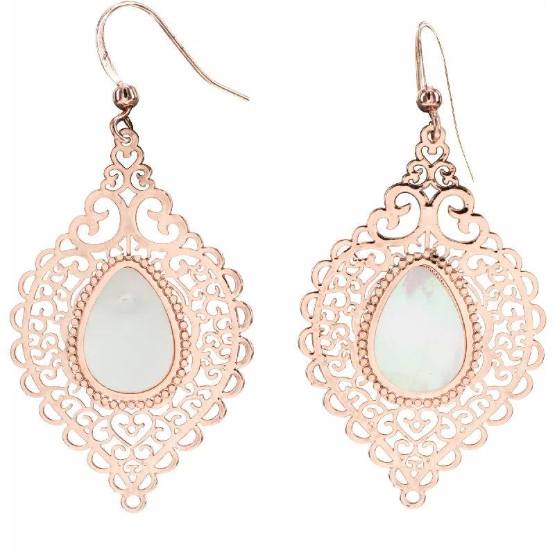 Glamorous Earrings-Rose Gold Lace Leaf Mother of Pearl Earrings