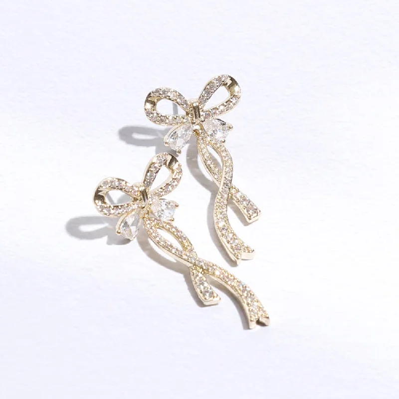 Multicolor Stud Earrings-Long Tail Gold Ribbon CZ Post Earrings