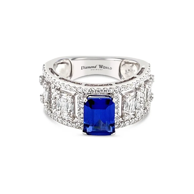 Affordable Designer Engagement Rings-Emerald cut Sapphire & Diamonds "Annie" Ring