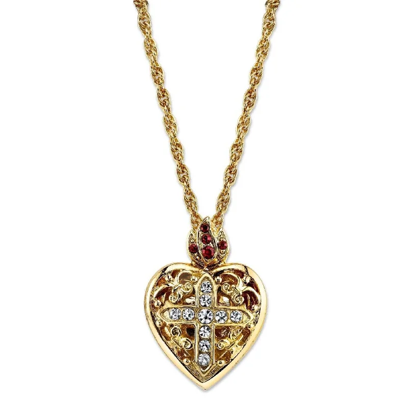 Custom Name Necklaces-Symbols Of Faith Red & Clear Crystal Heart Cross Locket Necklace 18"