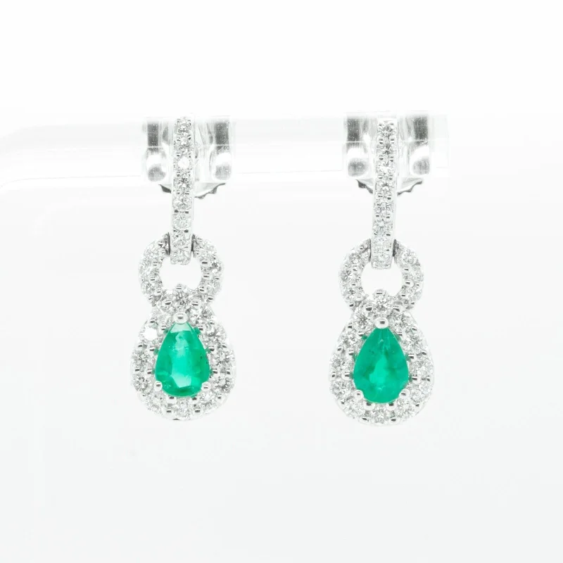 Colorful Drop Crystal Earrings-18k White Gold 1.15ctw Diamond 0.85ctw Pear Emerald Dangle Earrings 4.3g