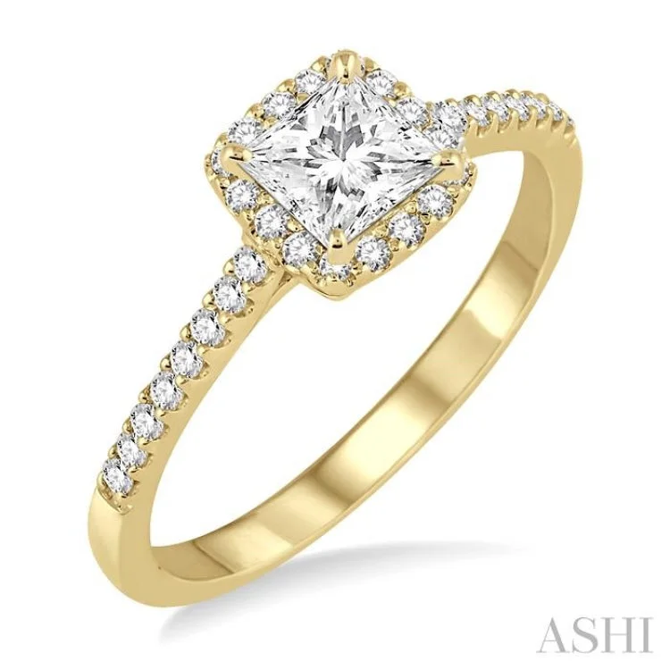 Custom Diamond Promise Rings-1/2 ctw Diamond Engagement Ring with 1/4 ct Princess Cut Center Stone in 14K Yellow Gold