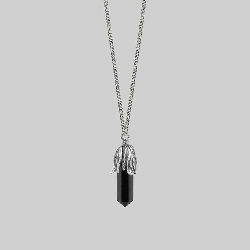 Custom Birthstone Pendant Necklaces-DEATH BLOOM. Black Agate Gemstone Necklace - Silver