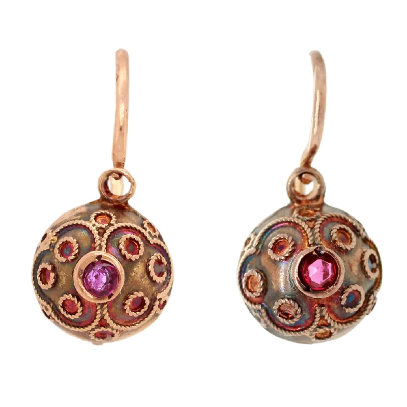 Single Hoop Earrings-Antique Art Nouveau Ruby Ornate Sphere Drop Earrings - 14k Rose Gold