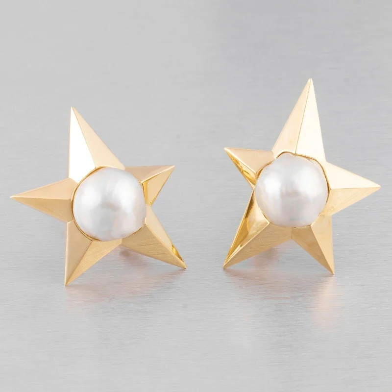 Large Silver Stud Earrings-Pedro Boregaard 18k Yellow Gold Pearl Moon & Star Clip-on Earrings RETAIL $9,900