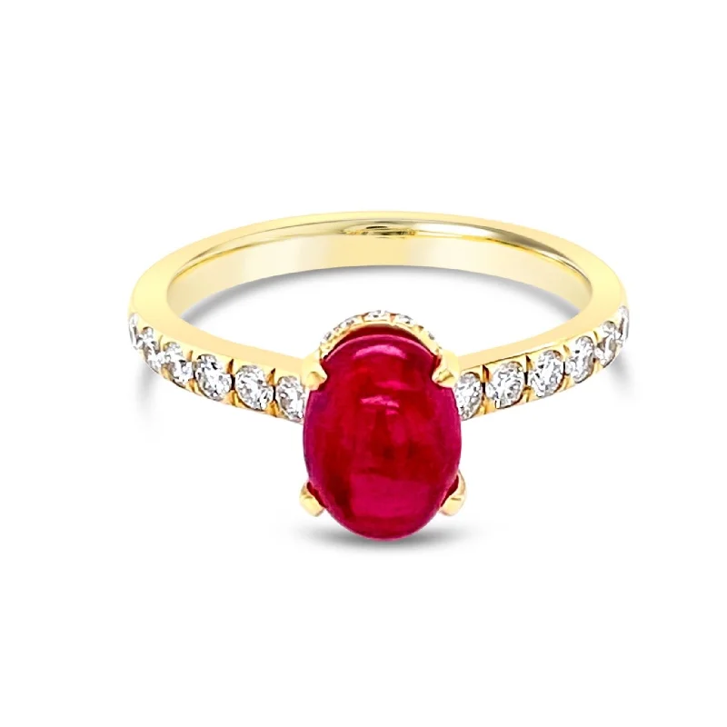 Custom Diamond Wedding Rings-Cabochon Ruby & Brilliant cut Diamonds Ring