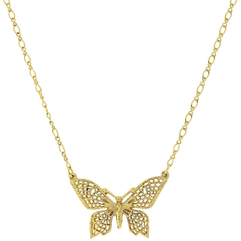 Religious Necklaces-1928 Jewelry Gold Filigree Butterfly Pendant Necklace 16" + 3" Extender