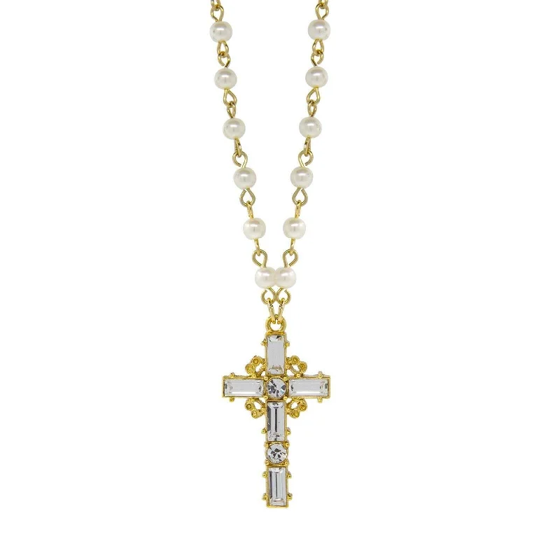 Customizable Necklaces-Symbols Of Faith Crystal Cross 4mm Faux Pearl Pendant Necklace 20"