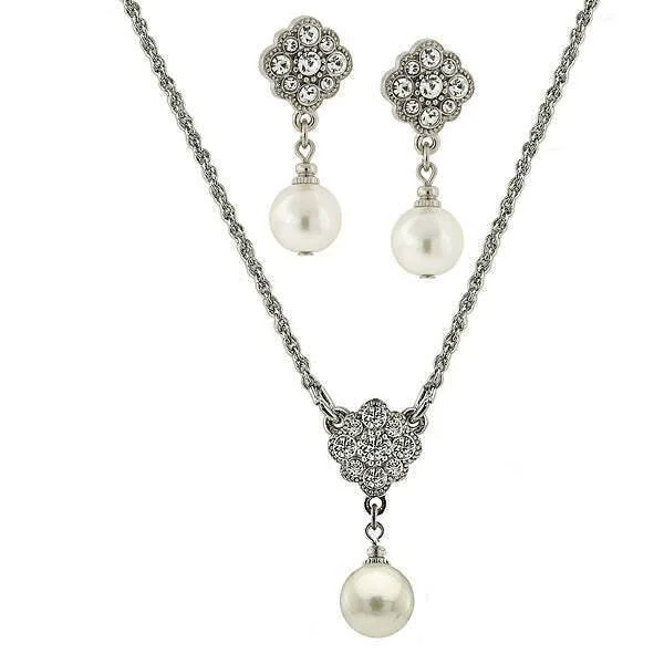 Charm Necklaces-1928 Jewelry Faux Pearl And Crystal Earrings And Pendant Necklace Set