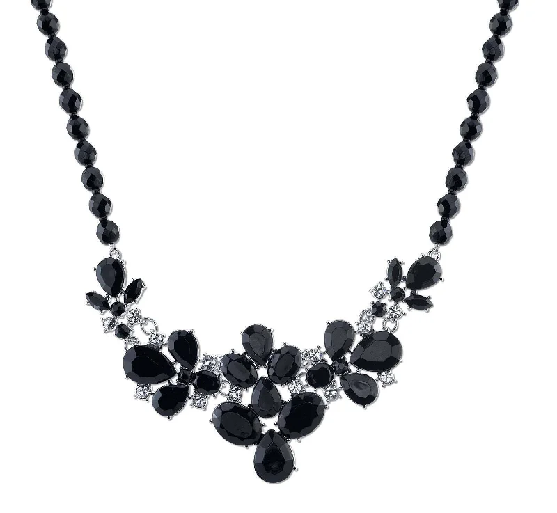 Boho Necklaces-2028 Jewelry Black Faceted Bead & Teardrop Stones With Crystal Accent Bib Necklace 16" + 3" Extender