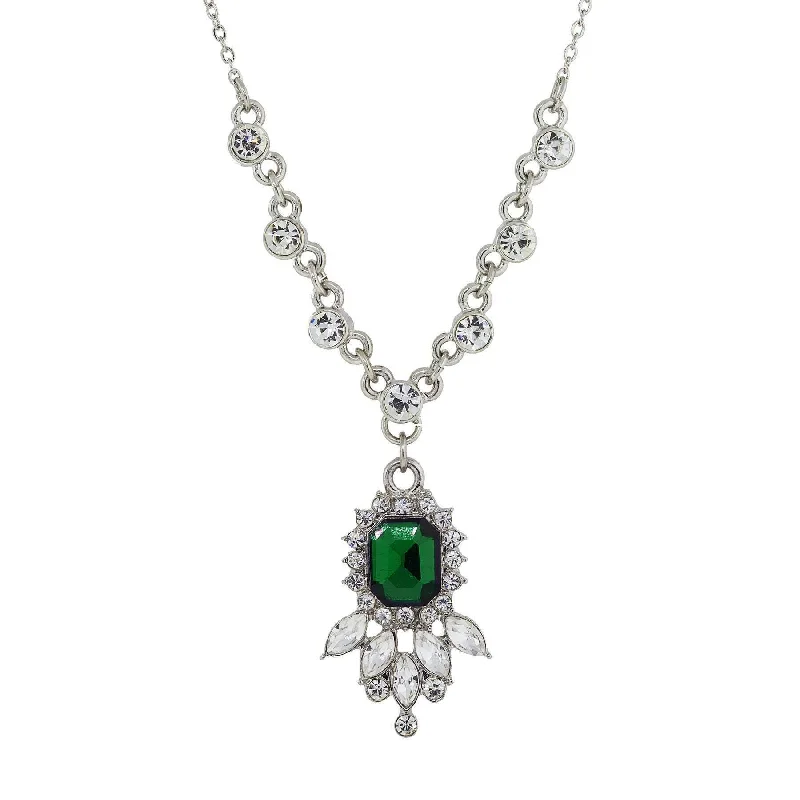 Fashion Jewelry Necklaces-1928 Jewelry Green And Crystal Pendant Necklace 16" + 3" Extender