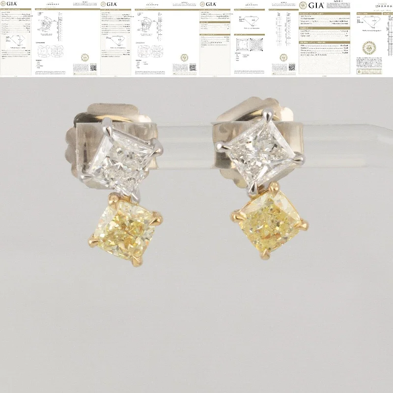 Gold Plated Drop Earrings-GIA 14k White / Yellow Gold Square & Cushion Diamond Stud Earrings 4.18ctw