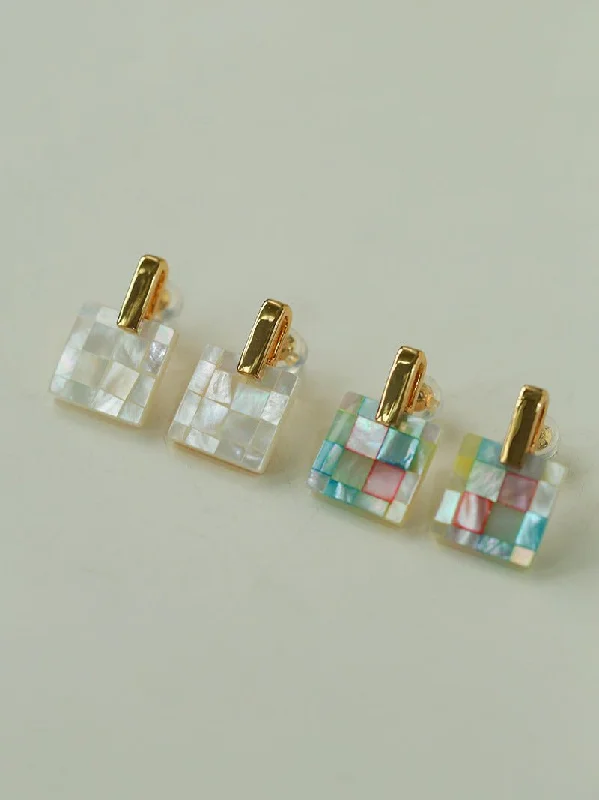 Silver Clip-On Earrings-Patchwork Mother-of-Pearl Checkerboard Earrings