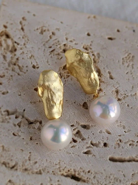 Large Diamond Earrings-Matte Gold Gilded Baroque Pearl Relief Earrings