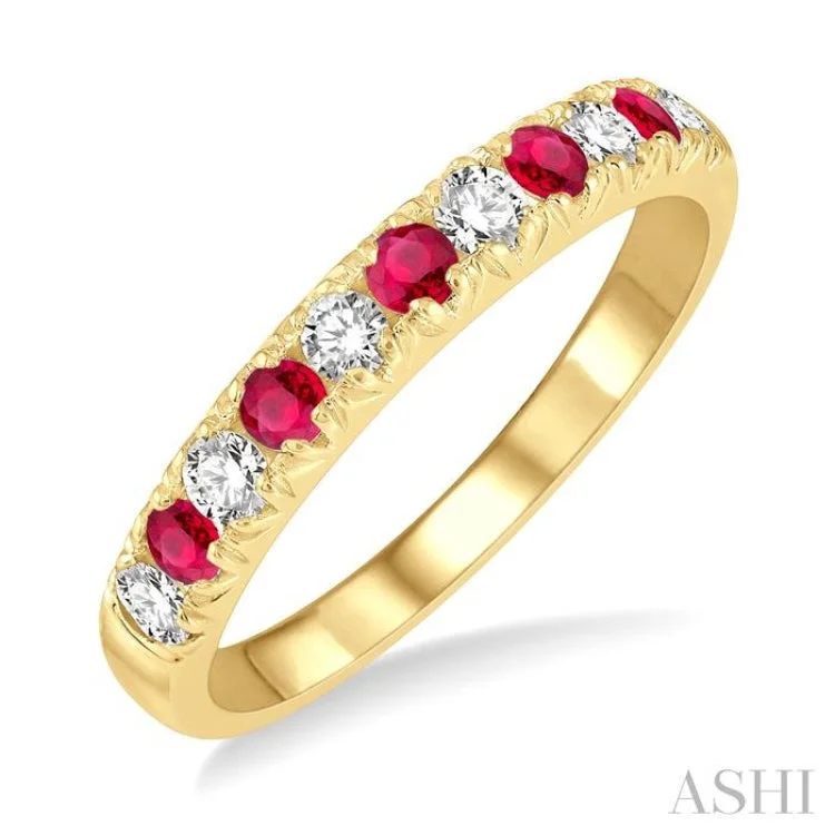 Two-Tone Promise Rings-2.3 MM Ruby and 1/4 ctw Round Cut Diamond Precious Wedding Band in 14K Yellow Gold