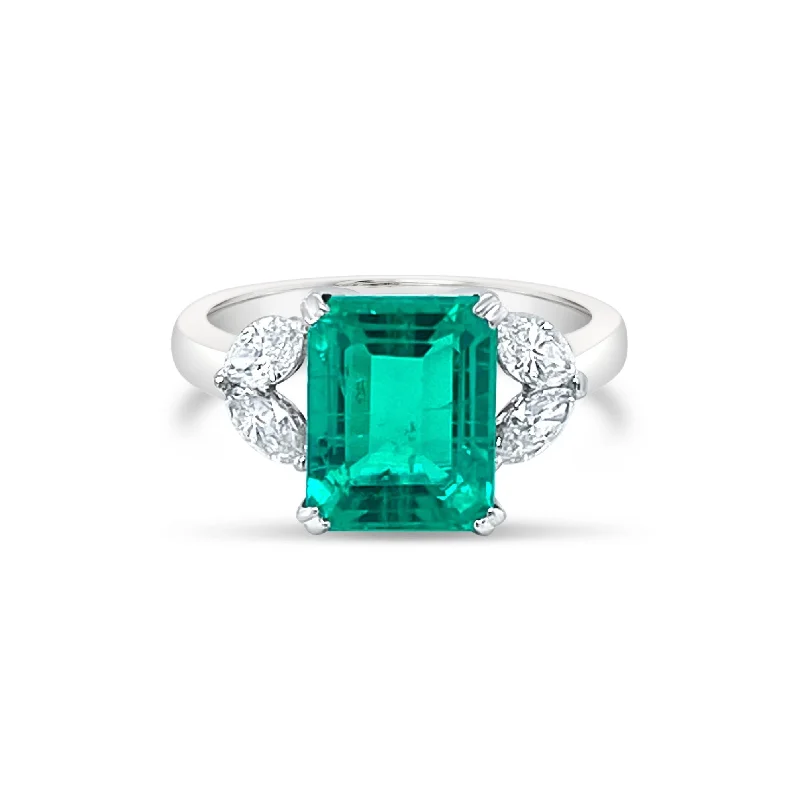 Gold-Plated Wedding Rings-Emerald cut Emerald & Marquise cut Diamonds "Felicity" Ring