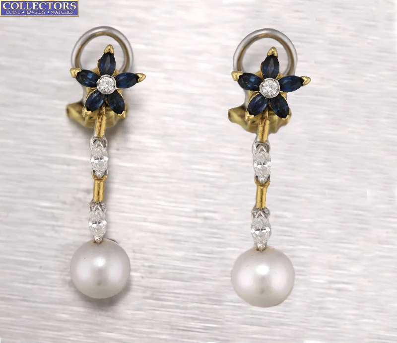 Long Silver Earrings-Vintage 18K Gold 0.70ctw Blue Sapphire Diamond Pearl Dangling Clip-On Earrings