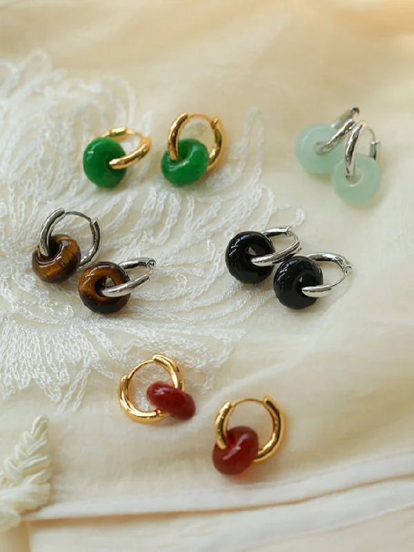 Multi-Gemstone Hoop Earrings-Classic Natural Stone Jade Hoop Earrings