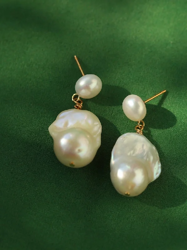 Gold and Crystal Earrings-Simple Freshwater Baroque Pearl Drop Earrings